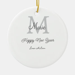 simple minimal happy new year monogram gray name  julgransprydnad keramik