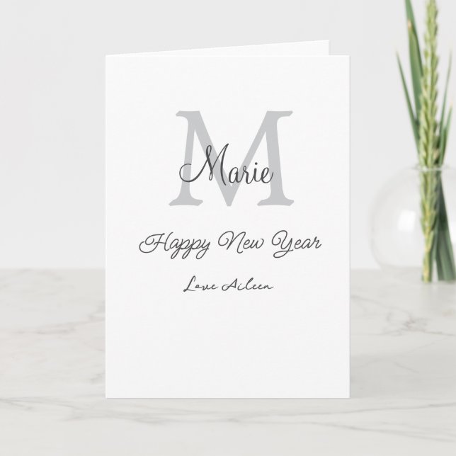simple minimal happy new year monogram gray name  kort (Framsida)