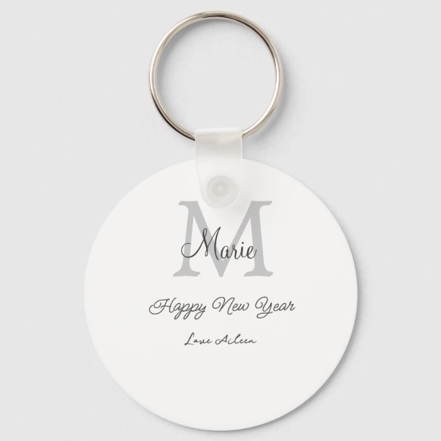 simple minimal happy new year monogram gray name  nyckelring (Framsida)