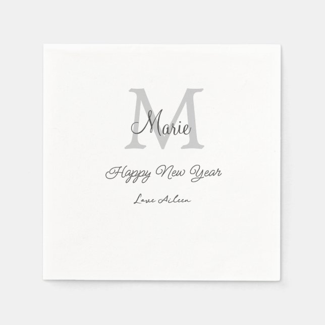 simple minimal happy new year monogram gray name  pappersservett (Framsidan)