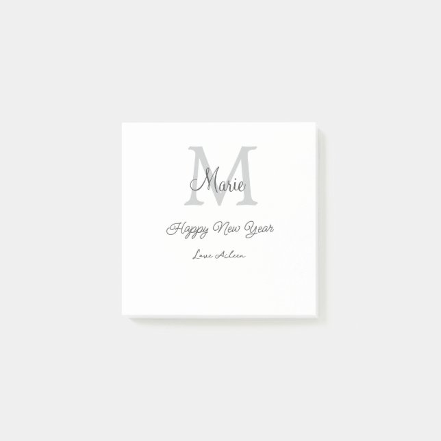 simple minimal happy new year monogram gray name  post-it block (Framsida)