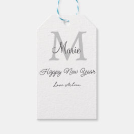 simple minimal happy new year monogram gray name  presentetikett