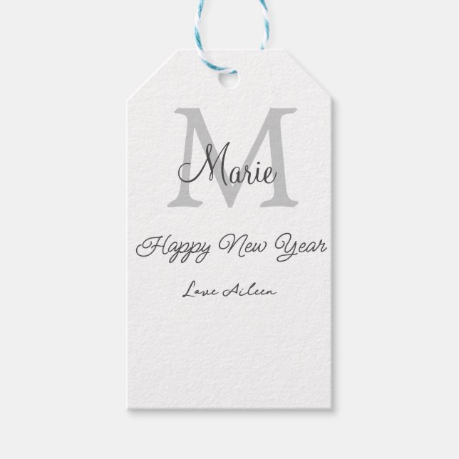 simple minimal happy new year monogram gray name  presentetikett (Framsidan)
