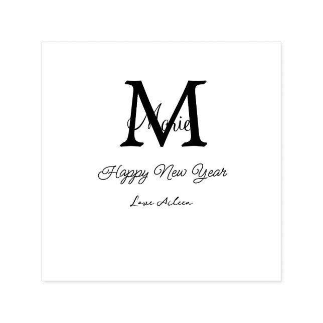 simple minimal happy new year monogram gray name  självfärgande stämpel (Design)