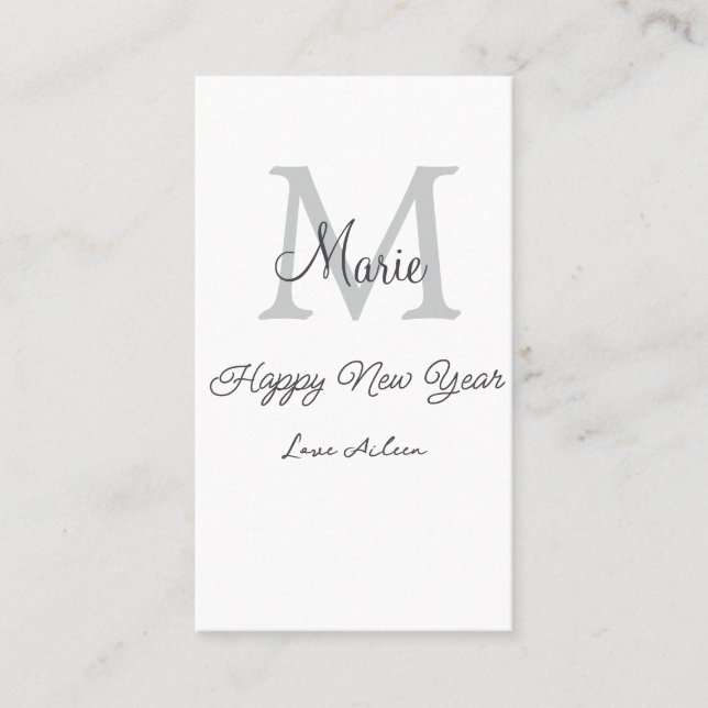 simple minimal happy new year monogram gray name  visitkort (Framsida)