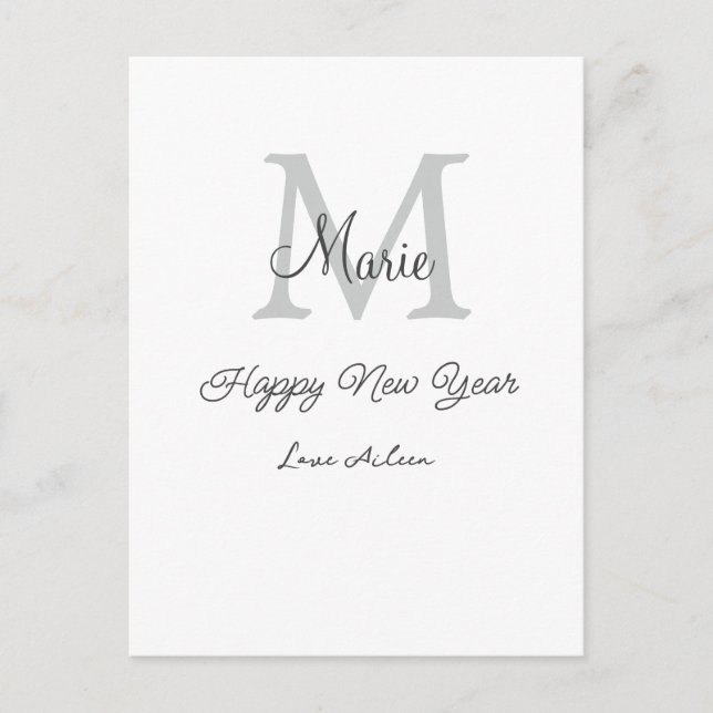 simple minimal happy new year monogram gray name  vykort (Framsida)