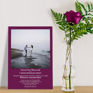 Simple Minimal Modern Cassis Lila Photo Bröllop Inbjudningar