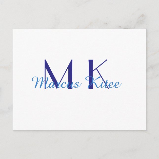 simple minimal monogram personalized name blue ret vykort (Framsida)