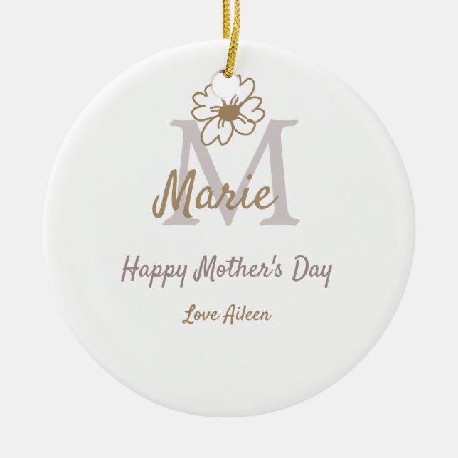 simple minimal mother's day monogram golden gray f julgransprydnad keramik (Framsidan)