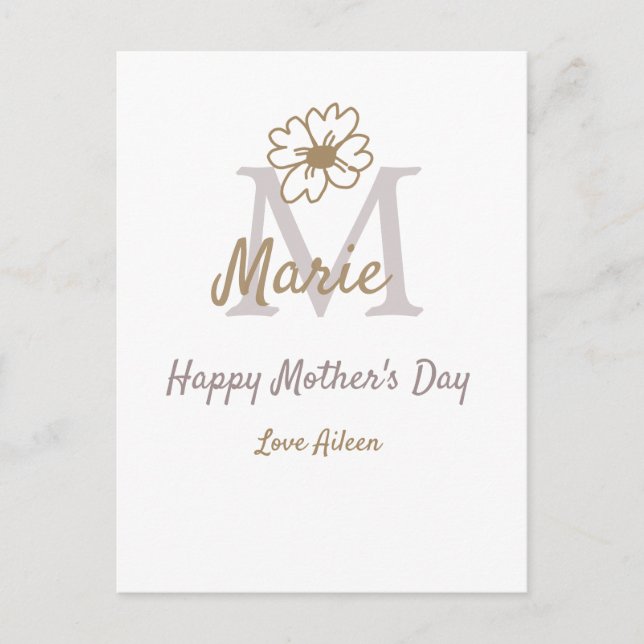 simple minimal mother's day monogram golden gray f vykort (Framsida)
