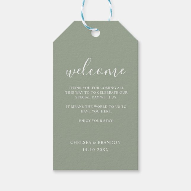 Simple Minimal Sage Green Welcome Wedding Favor Presentetikett (Framsidan)