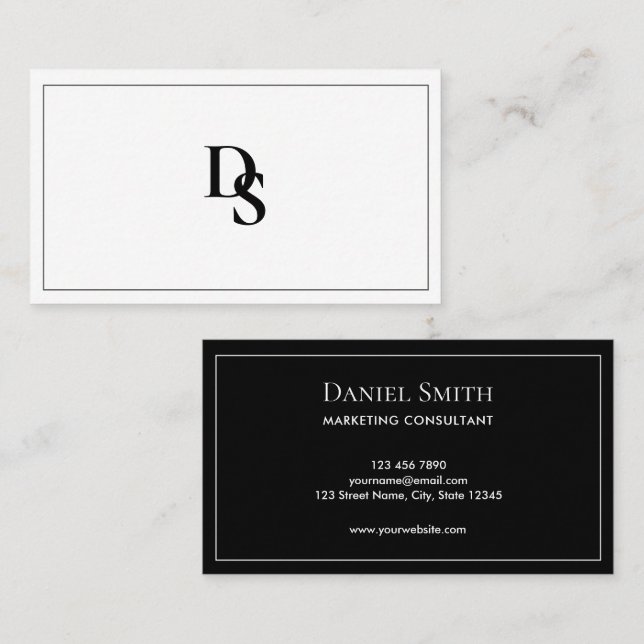 Simple Minimalist Black and White Monogram Visitkort (Fram/baksida)