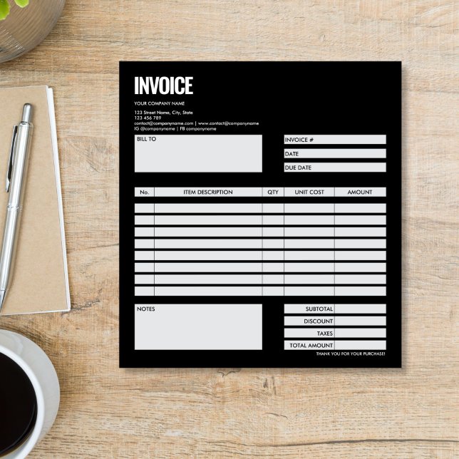 Simple Minimalist Black Invoice Form Business Logo Anteckningsblock (black and white simple minimalist Invoice form notepad)