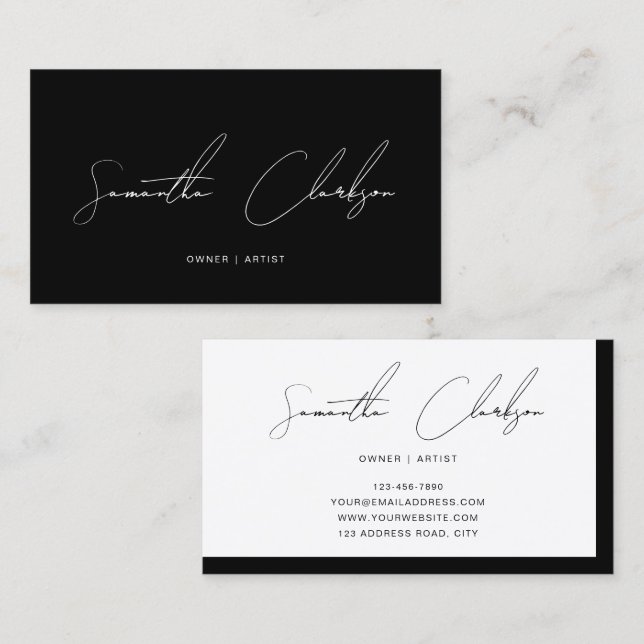 Simple Minimalist Black & White Handwritten Script Visitkort (Fram/baksida)