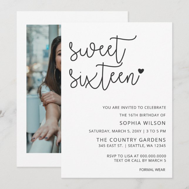 Simple Minimalist Script Sweet 16 Birthday Photo I Inbjudningar (Fram/baksida)
