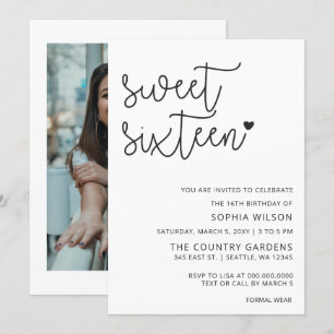 Simple Minimalist Script Sweet 16 Birthday Photo I Inbjudningar
