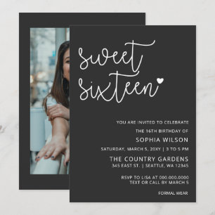Simple Minimalist Script Sweet 16 Birthday Photo I Inbjudningar