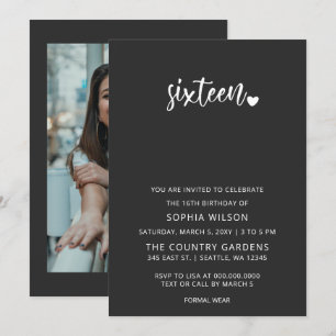 Simple Minimalist Script Sweet 16 Birthday Photo Inbjudningar