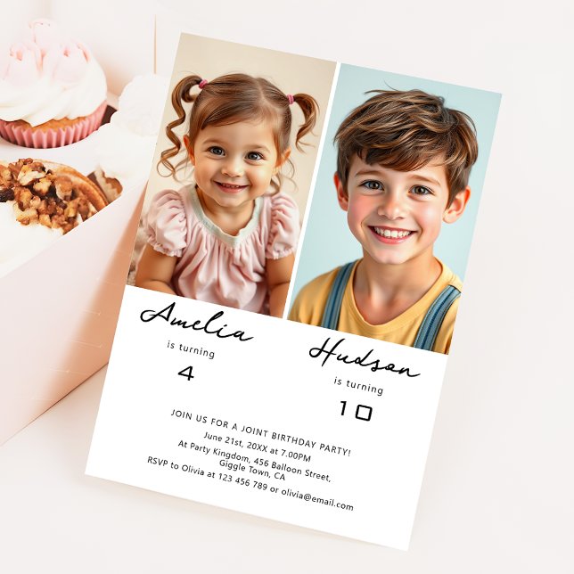 Simple Minimalist Siblings Birthday Party Photo Inbjudningar (Skapare uppladdad)
