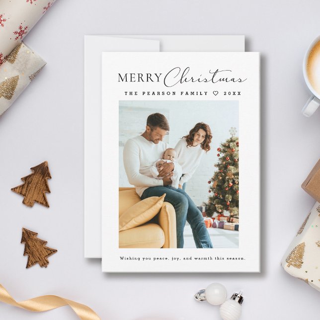 Simple Minimalistic Merry Christmas family photo Julkort (Modern, minimalist, Merry Christmas Custom Family Photo, message, year Holiday greeting cards.)