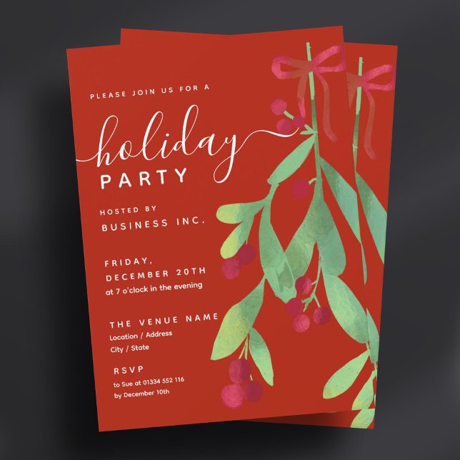 Simple Mistletoe Corporate Julafton Party Red Inbjudningar (Simple Mistletoe Corporate Xmas Party Red Invitation)
