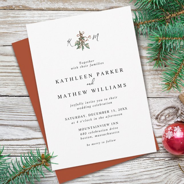 Simple Mistletoe Initialer Helgdag Bröllop Inbjudningar (Mistletoe Initials Holiday Wedding Invitation)