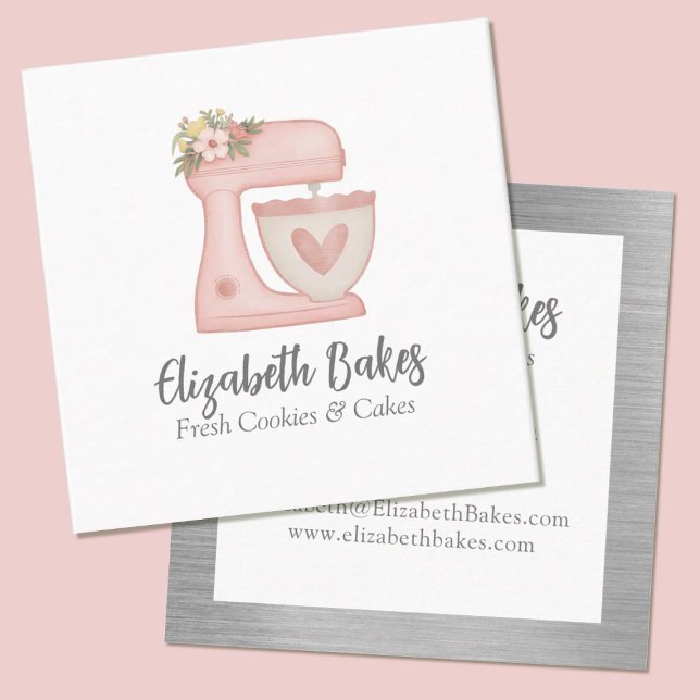 Simple Mixer Floral Cake Bakery Business Card Fyrkantigt Visitkort (A cute floral Pink mixer bakery business card. Personalize it with your information.)