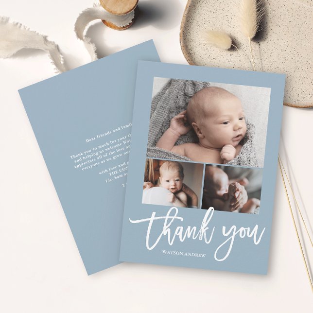 Simple Modern 3 Photo Collage Baby Photo Tack Kort (Simple photo collage baby thank you card with modern script in white on a dusty blue background.)