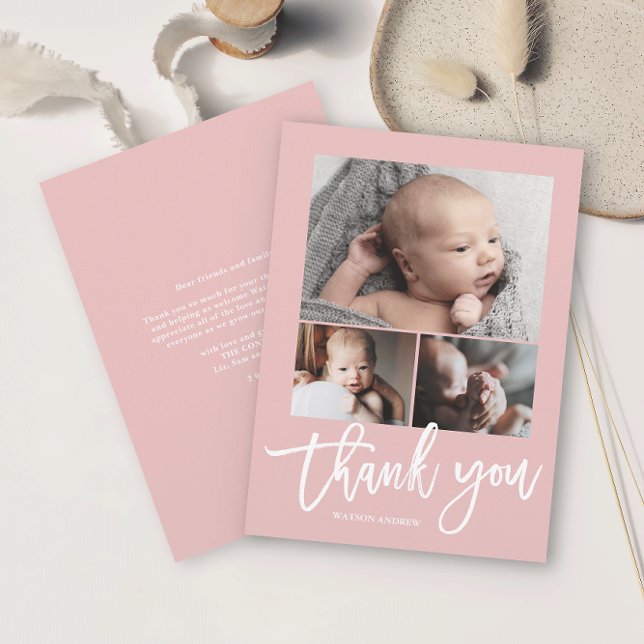Simple Modern 3 Photo Collage Baby Photo Tack Kort (Simple photo collage baby thank you card with modern script in white on a pink background.)