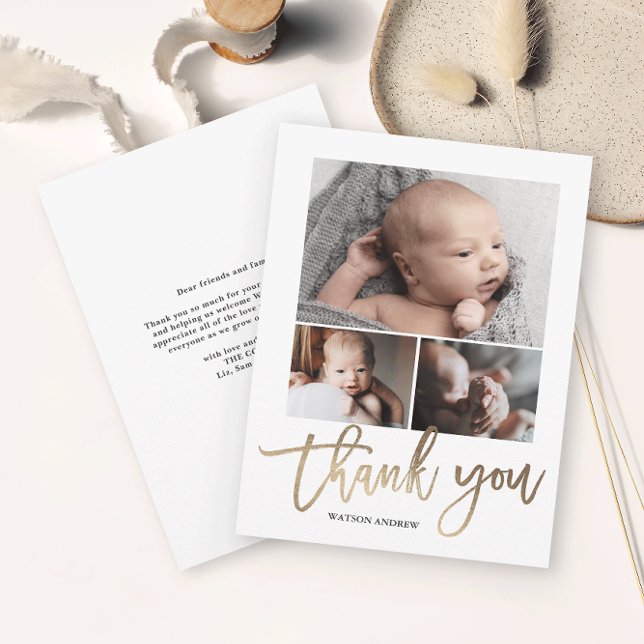 Simple Modern 3 Photo Collage Baby Photo Tack Kort (Simple photo collage baby thank you card with modern handwritten script in gold foil.)