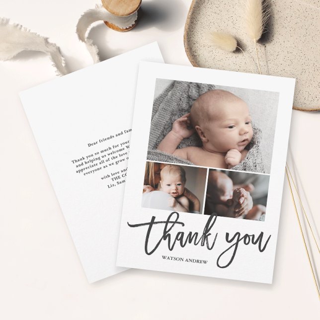 Simple Modern 3 Photo Collage Baby Photo Tack Kort (Simple photo collage baby thank you card with modern handwritten script in black and white.)