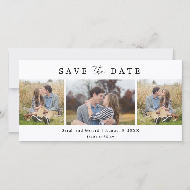 Simple Modern 3 Photo Wedding Save the Date Spara Datumet (Framsida)