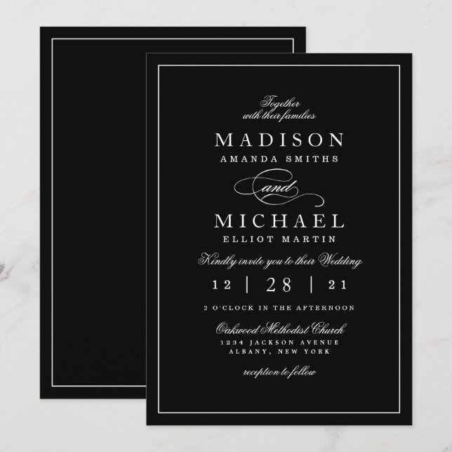 Simple Modern Black and White Wedding Invitation Julkort (Fram/baksida)
