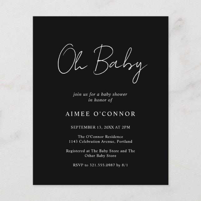 Simple Modern Black Budget Baby Shower-inbjudan (Framsida)