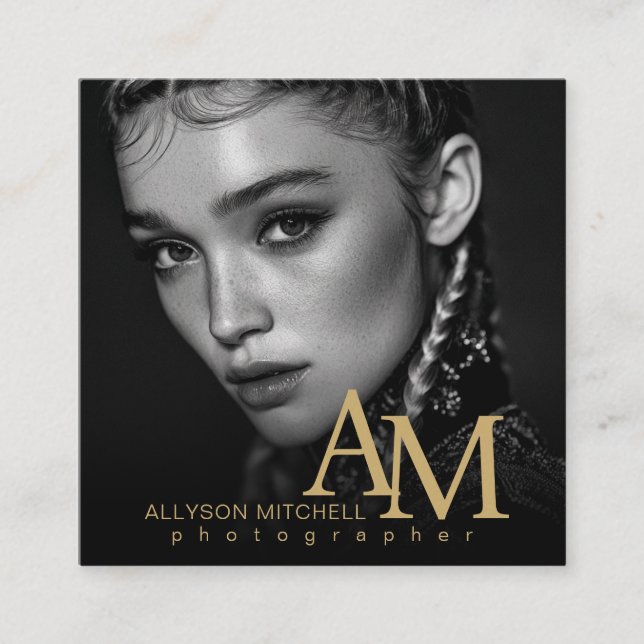 Simple Modern Black Gold Photo QR Photography Fyrkantigt Visitkort (Framsida)
