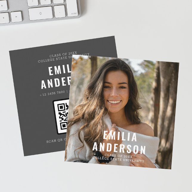 Simple Modern Black Studenten Photo QR-kodinfo (Square business card )