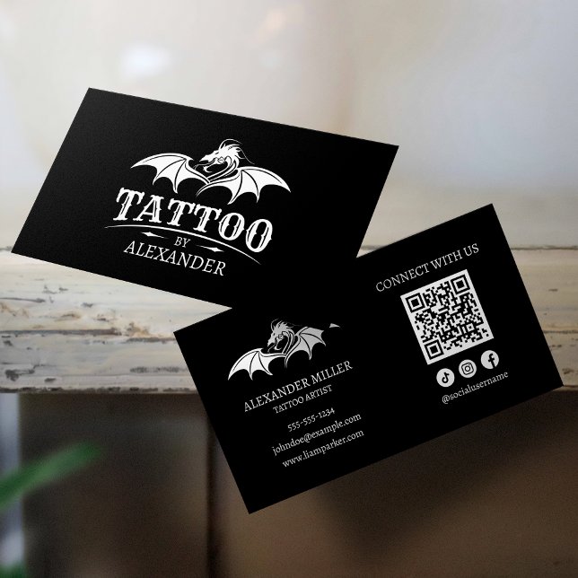Simple Modern Black Tatto Artist Dragon QR-kod Visitkort (Skapare uppladdad)