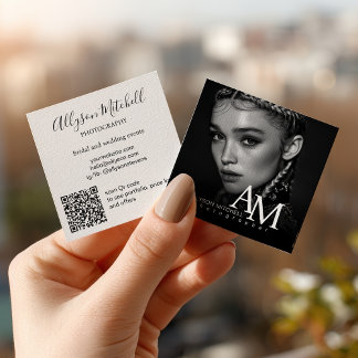 Simple Modern Black White Photo QR Photography Fyrkantigt Visitkort