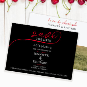 Simple Modern Black White Red Script Photo Bröllop Spara Datumet