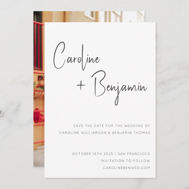 Simple Modern Black White Script Photo Bröllop Spara Datumet (Fram/baksida)