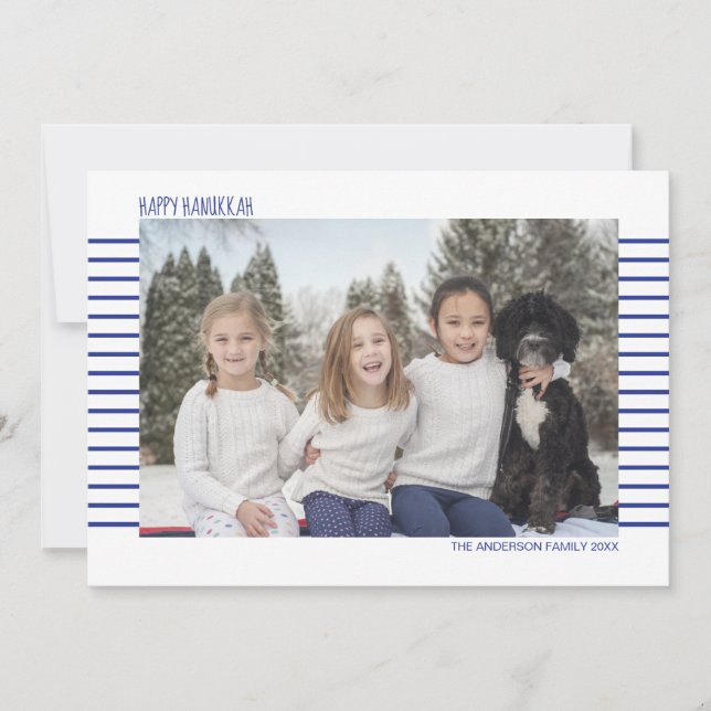 Simple & Modern Blue and White Stripe Hanukkah Julkort (Framsida)
