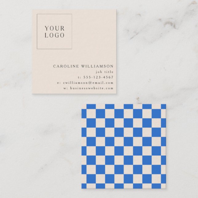 Simple Modern Blue Checkerboard Your Logo Custom Fyrkantigt Visitkort (Fram/baksida)