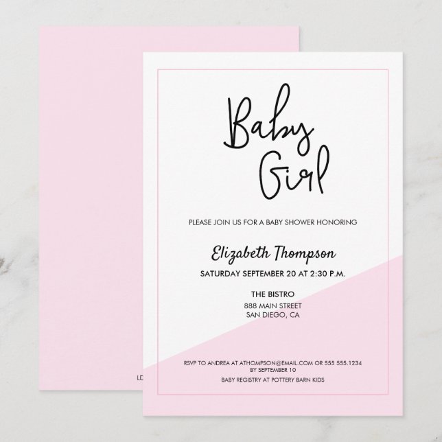 Simple Modern Blue Flicka Script Baby Shower Inbjudningar (Fram/baksida)