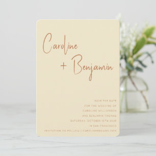 Simple Modern Boho Terracotta Cream skript Bröllop Spara Datumet