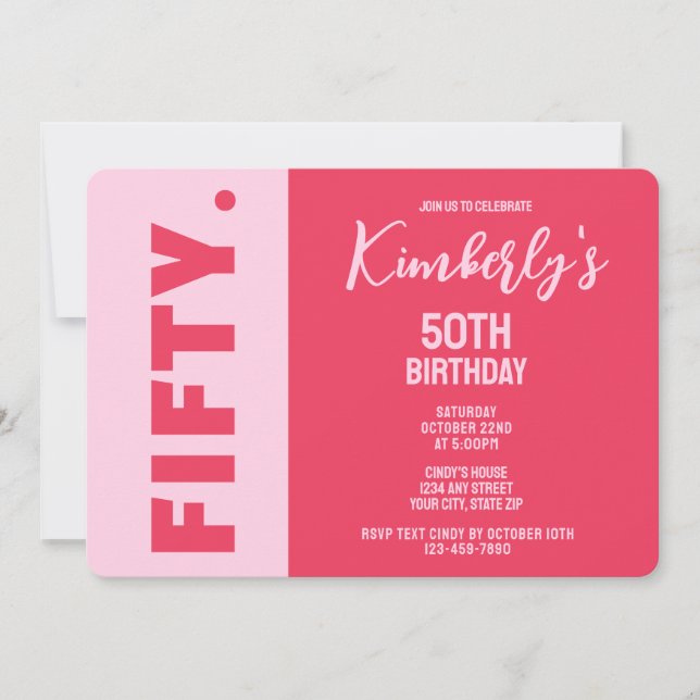 Simple Modern Bold Pink & Red 50th Birthday Inbjudningar (Framsida)