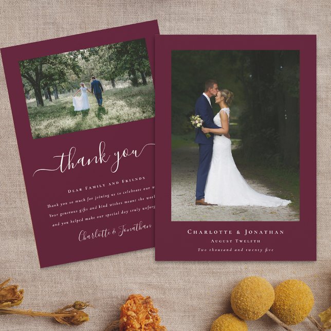 Simple Modern Bröllop Photo Tack Kort (Simple modern photo wedding thank you card 2 photographs burgundy with ivory cream elegant script)