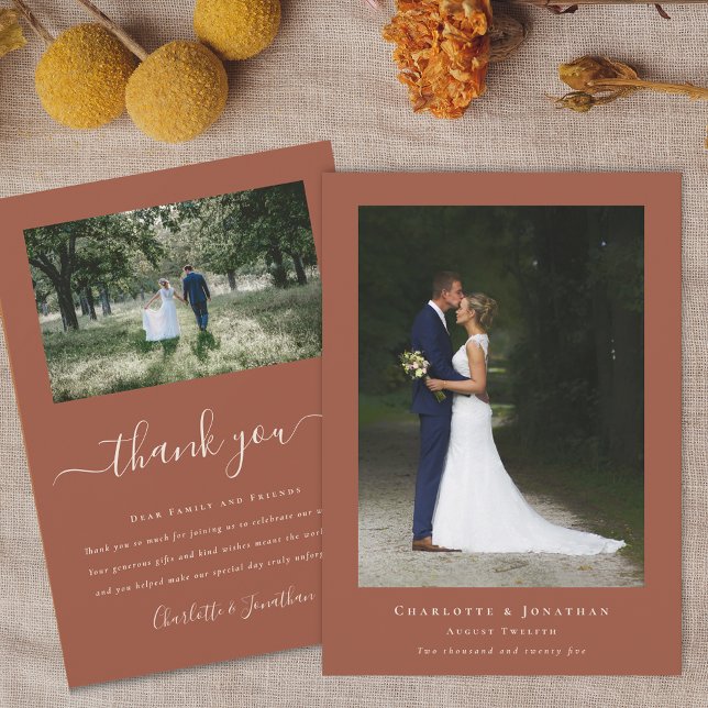 Simple Modern Bröllop Photo Tack Kort (Modern simple wedding photo thank you card burnt Orange terracotta and elegant beige script)