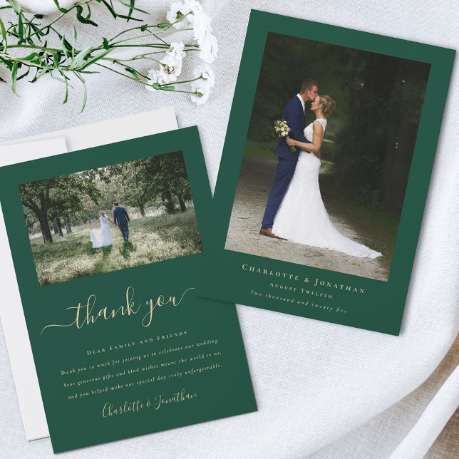 Simple Modern Bröllop Photo Tack Kort (Simple modern wedding photo thank you card dark green Elegant script 2 photographs personalized )