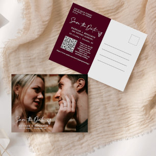 Simple Modern Burgundy Save the Date QR Code Photo Vykort