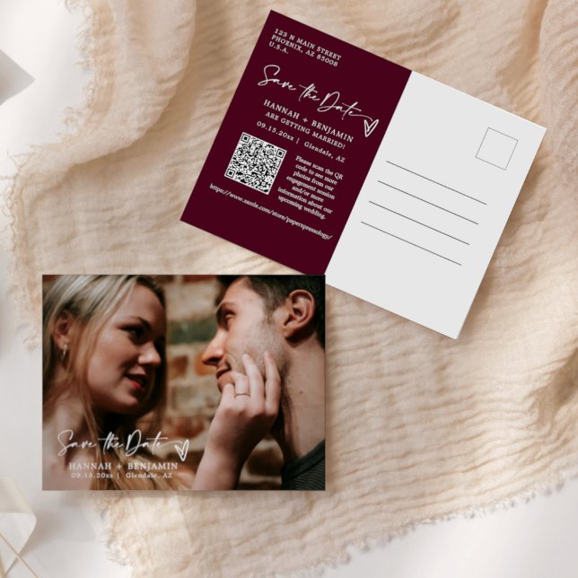 Simple Modern Burgundy Save the Date QR Code Photo Vykort (Skapare uppladdad)